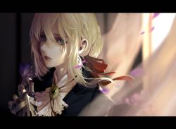 Rule 34 | 10s, 1girl, ascot, blonde hair, blue eyes, braid, brooch, dishwasher1910, flower, hair ribbon, jewelry, petals, prosthesis, prosthetic hand, ribbon, solo, violet evergarden, violet evergarden (series)
