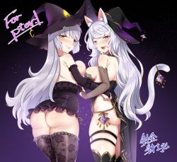 Rule 34 | 2girls, absurdres, animal ear fluff, animal ears, ass, bare shoulders, blush, breast press, breasts, bridal gauntlets, cat ears, cat tail, elbow gloves, fang, from behind, gloves, gradient background, harigane shinshi, hat, highres, long hair, looking at viewer, medium breasts, multiple girls, open mouth, original, purple background, symmetrical docking, tail, tail ornament, thigh strap, thighhighs, witch hat
