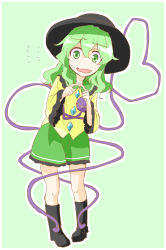Rule 34 | 1girl, :d, absurdres, blouse, boots, fingers together, flying sweatdrops, green background, green eyes, green hair, hat, heart, heart of string, highres, index fingers together, komeiji koishi, long hair, looking at viewer, matching hair/eyes, mr.milk caramel, nervous, nervous smile, open mouth, pigeon-toed, shirt, skirt, smile, solo, sweat, third eye, touhou, wavy mouth