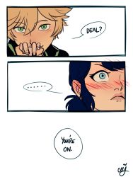 Rule 34 | 1boy, 1girl, adrien agreste, blonde hair, blue eyes, blue hair, blush, ceejles, comic, english text, frown, green eyes, highres, hand grab, lips, marinette dupain-cheng, miraculous ladybug, signature, smile, twintails
