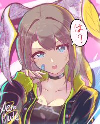 Rule 34 | 1girl, :o, black bodysuit, black choker, black jacket, blue eyes, bodysuit, breasts, brown hair, choker, cleavage, collarbone, commentary request, eunie (xenoblade), feathered wings, hand up, head wings, highres, jacket, lb-little bird, long hair, long sleeves, looking at viewer, medium breasts, open clothes, open jacket, open mouth, puffy long sleeves, puffy sleeves, signature, solo, teeth, translation request, upper body, upper teeth only, white wings, wings, xenoblade chronicles (series), xenoblade chronicles 3