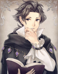 Rule 34 | 1boy, black cloak, book, cloak, cyrus (octopath traveler), frilled sleeves, frills, hand on own chin, haru (nakajou-28), holding, holding book, long hair, male focus, octopath traveler, octopath traveler i, open book, parted bangs, parted lips, ponytail, solo, white background