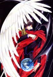 Rule 34 | 1boy, absurdres, angel wings, arm across chest, black hair, clamp, cloak, closed mouth, demon wings, earth (planet), highres, light particles, long sleeves, looking at viewer, male focus, official art, purple eyes, red cloak, shirou kamui, short hair, solo, sword, traditional media, uniform, weapon, wings, x (manga)