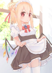 Rule 34 | 1girl, alternate costume, alternate hairstyle, blonde hair, braid, breasts, commentary request, cowboy shot, crown braid, crystal, day, enmaided, flandre scarlet, frills, garter belt, garter straps, hair bun, hair ribbon, highres, indoors, looking at viewer, maid, maid headdress, parted lips, pointy ears, puffy short sleeves, puffy sleeves, red eyes, red ribbon, ribbon, sakurea, short sleeves, sidelocks, single hair bun, skirt hold, small breasts, solo, sunlight, thighhighs, touhou, white garter belt, white thighhighs, window, wings