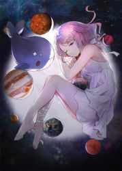 Rule 34 | 1girl, absurdres, barefoot, blue eyes, dress, earth (planet), highres, huge filesize, jupiter (planet), mars (planet), one eye closed, original, pink hair, planet, space, whale, white dress, y.i. (lave2217)