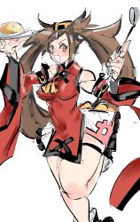Rule 34 | 1girl, bare shoulders, blush, breasts, brown hair, china dress, chinese clothes, detached sleeves, dress, food, guilty gear, guilty gear xrd, hair ornament, hairclip, highres, kuradoberi jam, ladle, leg up, long hair, medium breasts, open mouth, sketch, skindentation, skirt, solo, tapioka tm, thick thighs, thigh strap, thighs, tray, wide sleeves