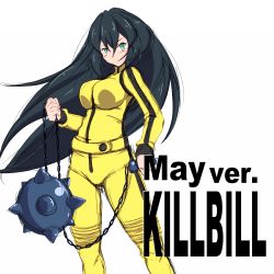 Rule 34 | beatrix kiddo, beatrix kiddo (cosplay), black hair, caption, clenched hands, cosplay, green eyes, gundam, gundam build divers, gundam build divers re:rise, jumpsuit, kill bill, kunney, long hair, looking to the side, mace, may (gundam build divers re:rise), simple background, weapon, white background, yellow jumpsuit