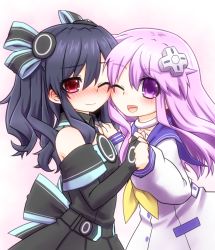 Rule 34 | 10s, 2girls, bare shoulders, black hair, blush, cheek-to-cheek, d-pad, ear blush, elbow gloves, gloves, hair ornament, hair ribbon, heads together, holding hands, long hair, looking at viewer, mizunashi (second run), multiple girls, nepgear, neptune (series), one eye closed, open mouth, purple eyes, purple hair, red eyes, ribbon, smile, thighhighs, twintails, two side up, uni (neptunia), yuri