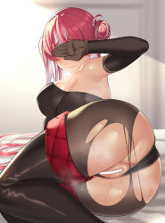 Rule 34 | 1girl, arm up, armpits, ass, bar censor, black gloves, black leotard, boots, breasts, brown pantyhose, censored, covering own eyes, elbow gloves, gloves, hair bun, highres, hololive, houshou marine, houshou marine (marching band), identity censor, large breasts, leotard, long hair, multicolored hair, official alternate costume, pantyhose, pussy, red hair, smile, solo, streaked hair, sweat, thigh boots, torn clothes, torn pantyhose, veryhardloco, virtual youtuber, white hair