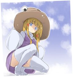 Rule 34 | 1girl, blonde hair, blue eyes, brown hat, dress, from below, full body, hair ornament, hair ribbon, hat, hime cut, long hair, long sleeves, looking at viewer, looking down, moriya suwako, one-hour drawing challenge, ototobe, purple dress, red ribbon, ribbon, sidelocks, sleeves past wrists, solo, squatting, thighhighs, touhou, tress ribbon, white thighhighs, wide sleeves, x hair ornament