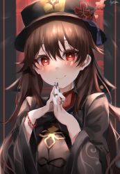 Rule 34 | 1girl, absurdres, black nails, blush, brown hair, brown shirt, chinese clothes, flower, genshin impact, hat, hat flower, highres, hu tao (genshin impact), kyoro ina, long hair, long sleeves, looking at viewer, multiple rings, nail polish, own hands together, red eyes, ring, shirt, smile, solo, star-shaped pupils, star (symbol), symbol-shaped pupils, twintails, undershirt, wide sleeves, wristband