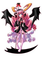 Rule 34 | 1girl, :o, bare shoulders, black dress, blue eyes, detached sleeves, dress, frills, garter straps, head tilt, highres, horns, long hair, longhorn, looking at viewer, os-tan, pink hair, pointy ears, ribbon, rod, scythe, simple background, solo, staff, standing, strapless, strapless dress, teeth, very long hair, white background, wings