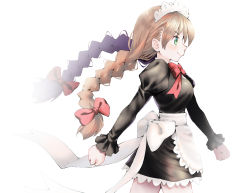 Rule 34 | 1girl, blush, bow, brown hair, clenched hands, closed mouth, frilled sleeves, frills, green eyes, hair bow, kubota masaki, maid, maid headdress, original, puffy sleeves, red neckwear, simple background, solo, twintails, walking, white background, white bow