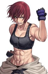 Rule 34 | 1girl, abs, absurdres, belt, black belt, black gloves, black sports bra, breasts, cleavage, clenched hands, clothes around waist, dougi, fighting stance, fingerless gloves, gloves, grey eyes, han soo-min (hanny), hanny (uirusu chan), highres, karate gi, martial arts belt, medium breasts, muscular, muscular female, namco, navel, open mouth, original, red hair, scar, scar on neck, serious, short hair, solo, sports bra, tekken, white background