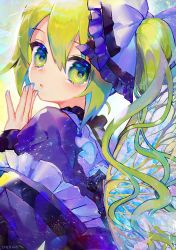 Rule 34 | 1girl, alternate costume, blue bow, blue dress, blue nails, bow, commentary, daiyousei, dress, fairy wings, frilled bow, frilled dress, frills, from behind, green eyes, green hair, hair between eyes, hair bow, hand to own mouth, hinasumire, long hair, long sleeves, looking at viewer, looking back, nail polish, open mouth, side ponytail, solo, touhou, upper body, wings