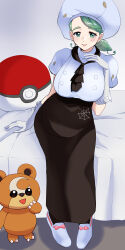 Rule 34 | 1girl, absurdres, arm support, ascot, blush, breasts, brown ascot, brown skirt, buttons, commentary request, creatures (company), double-breasted, drill hair, game freak, gen 2 pokemon, gloves, green eyes, green hair, hand up, hat, highres, indoors, katy (pokemon), large breasts, mole, mole on cheek, nintendo, on bed, one eye closed, pigeon-toed, poke ball print, pokemon, pokemon (creature), pokemon sv, shirt, shoes, short sleeves, sitting, skirt, smile, solo, spider web print, teddiursa, tetsuji (i ttj f c)