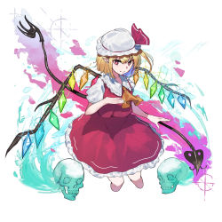 Rule 34 | 1girl, 38 (sanjuuhachi), absurdres, ascot, blonde hair, bow, cropped legs, crystal, fang, flandre scarlet, frilled shirt collar, frills, hair between eyes, hand on own chest, hat, highres, holding, holding weapon, laevatein, looking at viewer, mob cap, one side up, paint splatter, pointy ears, puffy short sleeves, puffy sleeves, rainbow order, red bow, red eyes, red skirt, red vest, shirt, short hair, short sleeves, side ponytail, sidelocks, skirt, skirt set, skull, solo, sparkle, touhou, vest, weapon, white background, white shirt, wings, yellow ascot