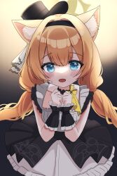 1girl absurdres animal_ears blue_archive blue_eyes blush cat_ears drawing_flover dress extra_ears highres looking_at_viewer mari_(blue_archive) mari_(idol)_(blue_archive) orange_hair solo