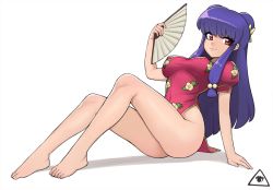 Rule 34 | 1girl, bare legs, barefoot, breasts, chinese clothes, closed mouth, covered erect nipples, donburi (donburikazoku), double bun, eyelashes, feet, full body, hair bun, hand fan, highres, legs, long hair, medium breasts, no bra, puffy short sleeves, puffy sleeves, purple hair, ranma 1/2, red eyes, shampoo (ranma 1/2), short sleeves, sidelocks, simple background, sitting, smile, solo, thighs, toes, white background