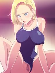Rule 34 | 1girl, android 18, blonde hair, blue eyes, blush, bouncing breasts, breasts, censored, dragon ball, dragonball z, earrings, engawa suguru, covered erect nipples, female pubic hair, highres, jewelry, large breasts, legs, looking at viewer, mosaic censoring, open mouth, pubic hair, pussy, short hair, solo, spread legs, sweatdrop, swimsuit, thighs