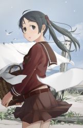 Rule 34 | 10s, 1girl, :o, bad id, bad pixiv id, basket, belt, bird, black hair, blue eyes, blurry, brown skirt, clothes pin, clothesline, cloud, cowboy shot, day, depth of field, from side, grass, hair ribbon, holding, kantai collection, laundry basket, long hair, long sleeves, looking at viewer, looking back, makio (makiomeigenbot), mikuma (kancolle), open mouth, outdoors, pleated skirt, ribbon, school uniform, serafuku, skirt, sky, solo, twintails, wind, wind lift