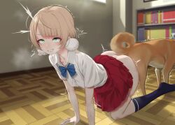 Rule 34 | 1girl, afterimage, all fours, arm support, ass-to-ass, ass-to-ass penetration, bestiality, black socks, blonde hair, blue bow, bookshelf, bow, classroom, clenched teeth, clothed sex, dog, doggystyle, eyelashes, gishu, green eyes, hair bobbles, hair ornament, hetero, indie virtual youtuber, indoors, interlocked mars and venus symbols, kneehighs, knotting, legs, looking at viewer, mars symbol, motion lines, paid reward available, panties, panty pull, pom pom (clothes), pom pom hair ornament, recording, red skirt, school uniform, sex, sex from behind, shigure ui (vtuber), shigure ui (vtuber) (2nd costume), shirt, short hair, skirt, smile, socks, tail, tail wagging, teeth, tongue, underwear, venus symbol, virtual youtuber, white shirt, wooden floor