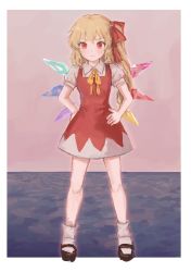 Rule 34 | 1girl, black footwear, blonde hair, blush, border, bow, bowtie, breasts, cirno, closed mouth, collared shirt, dress, flandre scarlet, fusion, grey shirt, grey socks, hair between eyes, hair ribbon, hands up, highres, himuhino, ice, ice wings, lake, looking at viewer, medium breasts, multicolored wings, no headwear, outside border, pink sky, ponytail, puffy short sleeves, puffy sleeves, red dress, red eyes, red ribbon, ribbon, shirt, shoes, short sleeves, side ponytail, sky, socks, solo, standing, touhou, v-shaped eyebrows, water, white border, wings, yellow bow, yellow bowtie