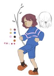Rule 34 | androgynous, bandaid, bandaid on face, black legwear, braid, branch, brown hair, character sheet, clenched hands, color guide, crocs, english text, flat color, frisk (undertale), full body, gender request, highres, partially colored, plant, shorts, sketch, soleilos, solo, stick, striped clothes, striped sweater, sweater, undertale, white background