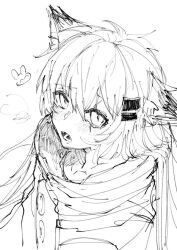 Rule 34 | 1girl, animal ears, arknights, blush, coat, from above, hair ornament, hairclip, high collar, lappland (arknights), looking at viewer, messy hair, open mouth, sato (lappysuki), scar, scar across eye, simple background, solo, upper body, white background