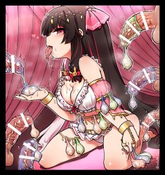 Rule 34 | after fellatio, arm at side, bar censor, bare legs, bare shoulders, barefoot, bikini, black hair, blush, bow, breasts, rabbit hair ornament, censored, cleavage, condom, condom belt, condom on penis, cum, detached sleeves, erection, flaccid, frilled bikini, frills, full body, hair bow, hair ornament, half-closed eyes, hand up, highres, holding, holding condom, large breasts, long hair, looking at viewer, looking to the side, multicolored hair, multiple penises, naughty face, navel, nijisanji, open mouth, penis, red eyes, rutsubo, saliva, saliva trail, sidelocks, sitting, smile, straight hair, strap gap, streaked hair, string bikini, swimsuit, tongue, tongue out, used condom, used condom on penis, veins, veiny penis, very long hair, virtual youtuber, wariza, white bikini, white hair, wristband, yorumi rena