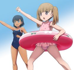Rule 34 | 2girls, black hair, blue background, blue eyes, blue one-piece swimsuit, breasts, casual one-piece swimsuit, child, clenched hand, competition school swimsuit, eyes visible through hair, feet out of frame, floral print, gradient background, innertube, kobayakawa shiori (summertime render), kofune mio, light brown hair, long hair, multiple girls, one-piece swimsuit, open mouth, pink one-piece swimsuit, purple eyes, school swimsuit, short hair, small breasts, smile, standing, summertime render, swim ring, swimsuit, swimsuit skirt, tan, teeth, twintails, upper teeth only, vierosky