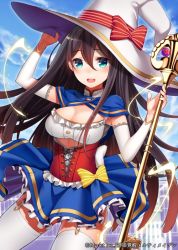 Rule 34 | 1girl, black hair, blue eyes, blue sky, bow, breasts, capelet, cleavage, cloud, corset, day, detached sleeves, female focus, garter straps, hat, hat bow, key, large breasts, long hair, looking at viewer, official art, open mouth, original, polearm, ray-akila, shinki kakusei melty maiden, sky, smile, solo, thighhighs, very long hair, weapon, white thighhighs, witch hat, zettai ryouiki
