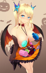Rule 34 | 1girl, bare shoulders, between breasts, black gloves, blonde hair, blue eyes, blurry, blurry foreground, blush, boku wa tomodachi ga sukunai, breasts, breasts out, bug, butterfly, butterfly hair ornament, cait aron, candy, choker, closed mouth, clothes between breasts, clothes lift, collarbone, convenient censoring, demon wings, dress, dress lift, elbow gloves, fang, food, gloves, hair between eyes, hair ornament, halloween, head tilt, highres, insect, kashiwazaki sena, large breasts, lifting own clothes, long hair, looking at viewer, no bra, orange dress, sidelocks, skin fang, solo, standing, twintails, wings