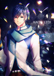 Rule 34 | 1boy, absurdres, anniversary, artist name, bad id, bad pixiv id, belt, blue eyes, blue hair, blue scarf, broken glass, character name, checkered background, coat, glass, hand up, highres, kaito (vocaloid), lens flare, male focus, rainbow, scarf, smile, solo, upper body, vocaloid, yen-mi