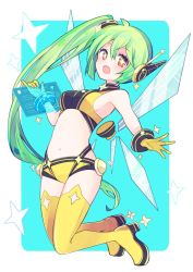 Rule 34 | + +, 1girl, armpits, aruya (flosrota), bare shoulders, blue background, blush, boots, breasts, commission, detached wings, full body, gloves, green hair, hair between eyes, headgear, holding, holographic interface, long hair, looking at viewer, navel, open mouth, original, red eyes, short shorts, shorts, side ponytail, skeb commission, small breasts, solo, sparkle, thigh boots, thighhighs, two-tone background, very long hair, white background, wings, yellow footwear, yellow gloves, yellow shorts, yellow thighhighs