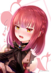 Rule 34 | 1girl, black gloves, blunt bangs, blush, bob cut, braid, breasts, cleavage, detached sleeves, embarrassed, fang, fidgeting, flying sweatdrops, french braid, gloves, heterochromia, highres, hololive, houshou marine, index fingers together, medium breasts, medium hair, napozouattop, official alternate hair length, official alternate hairstyle, open mouth, orange eyes, red hair, see-through, see-through cleavage, side braid, solo, sweatdrop, upper body, virtual youtuber, yellow eyes