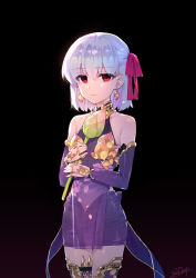Rule 34 | 1girl, backlighting, bare shoulders, black background, breasts, bud, closed mouth, commentary request, cowboy shot, detached sleeves, dress, earrings, eyes visible through hair, fate/grand order, fate (series), floral print, flower, hair between eyes, hair ribbon, highres, jewelry, kama (fate), kama (first ascension) (fate), looking at viewer, lotus, purple dress, red eyes, redrop, ribbon, ring, see-through, short hair, simple background, solo, standing, thighhighs, thighs, white hair