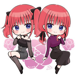 Rule 34 | 1girl, black bow, black choker, black footwear, black ribbon, black shirt, black skirt, black socks, blue eyes, blush, bow, character name, chibi, choker, closed mouth, commentary request, floral background, go-toubun no hanayome, grey skirt, grey socks, hair bow, hair ribbon, hand up, high-waist skirt, highres, houndstooth, kneehighs, long hair, long sleeves, low twintails, masshirokachi, multiple views, nakano nino, off-shoulder shirt, off shoulder, print skirt, puffy long sleeves, puffy sleeves, purple shirt, red hair, ribbon, shirt, shoes, signature, simple background, sitting, skirt, smile, socks, twintails, twitter username, white background