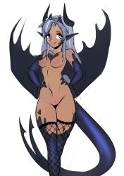 Rule 34 | absurdres, blue eyes, breasts, dark-skinned female, dark skin, dragon, fishnets, highres, horns, long hair, looking at viewer, md5 mismatch, mirra, monster girl, original, pointy ears, sketch, small breasts, solo, tail, vincher art, winged arms, wings, wyvern