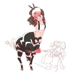 Rule 34 | 1futa, 1girl, animal penis, bar censor, baseball cap, blue eyes, blush, bottomless, breasts, brown hair, censored, centaur, creatures (company), crop top, cum, dot nose, ejaculation, facial, from side, full body, furrowed brow, fusion, futa with female, futanari, game freak, gen 5 pokemon, groin, hat, head tilt, hilda (pokemon), horse, horse girl, horse penis, interspecies, liveactors, looking at penis, looking down, lowres, medium hair, midriff, multiple girls, navel, nintendo, nose blush, penis, pokemon, pokemon bw, pokemon bw2, rosa (pokemon), simple background, small breasts, solo focus, standing, tareme, taur, white background, zebstrika