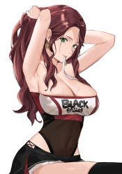 Rule 34 | 1girl, armpits, arms behind head, arms up, bandeau, bare shoulders, black skirt, black thighhighs, breasts, brown hair, cleavage, clothes writing, collarbone, covered navel, dorothea arnault, earrings, fire emblem, fire emblem: three houses, green eyes, highleg, highleg leotard, highres, j@ck, jewelry, large breasts, leotard, long hair, looking at viewer, mouth hold, nintendo, parted bangs, simple background, skirt, sweat, thighhighs, thighs, tying hair, white background