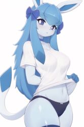 Rule 34 | 1girl, arm behind back, blue eyes, colored skin, creatures (company), furry, furry female, game freak, gen 4 pokemon, glaceon, gym, highres, looking at viewer, nintendo, pokemon, ribbon, shirt, sywu02, t-shirt, underwear