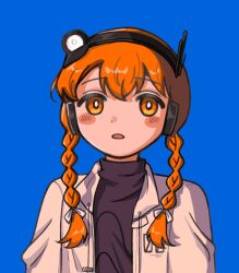 Rule 34 | 1girl, a.i. voice, adachi rei, alternate hairstyle, black shirt, blue background, blush stickers, bow, braid, bright pupils, commentary request, drawstring, hair bow, hair over shoulder, headlamp, headphones, highres, jacket, komugi (76j0r5v), long hair, looking at viewer, low twin braids, multiple hair bows, no sclera, open clothes, open jacket, open mouth, orange eyes, orange hair, radio antenna, shirt, simple background, solo, turtleneck, twin braids, upper body, utau, white bow, white pupils