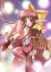 Rule 34 | 1girl, arms behind back, brown hair, detached sleeves, female focus, frills, hair ribbon, jpeg artifacts, kanana, long hair, looking back, moekibara fumitake, non-web source, own hands clasped, own hands together, pink thighhighs, platinum wind, purple eyes, ribbon, robot ears, solo, thighhighs, very long hair, zettai ryouiki
