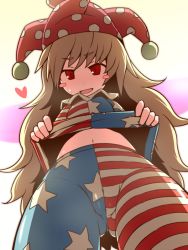Rule 34 | 1girl, american flag dress, american flag legwear, blonde hair, blush stickers, cameltoe, clothes lift, clownpiece, dress, dress lift, dutch angle, fairy wings, from below, gradient background, hakika, hat, heart, jester cap, long hair, looking at viewer, midriff, navel, open mouth, pantyhose, red eyes, shirt lift, short sleeves, slit pupils, smile, solo, star (symbol), striped clothes, striped dress, striped pantyhose, sweatdrop, touhou, wings