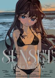 Rule 34 | 1girl, beach, bikini, black bikini, black hair, blue eyes, blush, breasts, breasts apart, comiket 102, commentary request, cover, cover page, cowboy shot, elisia valfelto, grin, groin, hair intakes, halterneck, holding own arm, horizon, jewelry, long hair, looking ahead, looking at viewer, luicent, navel, ocean, original, outdoors, pendant, side-tie bikini bottom, sky, small breasts, smile, solo, stomach, straight-on, string bikini, swimsuit, twilight