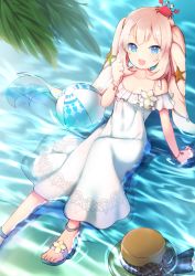 Rule 34 | 1girl, ameshizuku natsuki, animal, animal on head, arm support, bare shoulders, blonde hair, blue eyes, breasts, clenched hand, crab, day, dress, fate/grand order, fate (series), frills, long hair, looking at viewer, marie antoinette (fate), marie antoinette (fate/grand order), marie antoinette (swimsuit caster) (fate), marie antoinette (swimsuit caster) (second ascension) (fate), on head, open mouth, partially submerged, sandals, sitting, small breasts, solo, sundress, twintails, water, wet, wet clothes, white dress