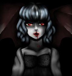 Rule 34 | 1girl, absurdres, bad id, bad pixiv id, bat wings, blood, blue hair, chisana-neko, dress, female focus, gradient background, highres, lipstick, makeup, red eyes, remilia scarlet, shawl, short hair, slit pupils, solo, touhou, upper body, vampire, wings