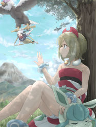 Rule 34 | 2girls, against tree, akari (pokemon), anklet, blonde hair, closed mouth, cloud, collar, collarbone, commentary request, creatures (company), day, game freak, gen 4 pokemon, glaceon, grass, hand up, highres, hisuian braviary, irida (pokemon), itsudzumi, jewelry, leaf, multiple girls, neck ring, nintendo, outdoors, pokemon, pokemon (creature), pokemon legends: arceus, red shirt, sash, shirt, shorts, sitting, sky, starly, strapless, strapless shirt, tree, waving, white shorts