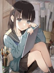 Rule 34 | 1girl, ankle socks, art supplies, bad id, bad pixiv id, black sailor collar, black socks, blue cardigan, blush, bottle, box, brown hair, brown skirt, can, canvas (object), cardboard box, cardigan, commentary, feet out of frame, fingernails, grey eyes, hair between eyes, hair ornament, highres, holding, indoors, knees up, light particles, long sleeves, looking at viewer, newspaper, on ground, open mouth, original, paintbrush, pleated skirt, rubbing eyes, sailor collar, school uniform, short hair, sitting, skirt, sleeves past wrists, socks, solo, tearing up, tears, utaka (anyoanyot), wiping tears, x hair ornament